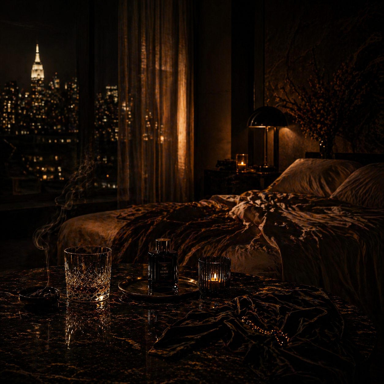 CAE BENIR fragrance bottle on a marble table at night with the city skyline beyond
