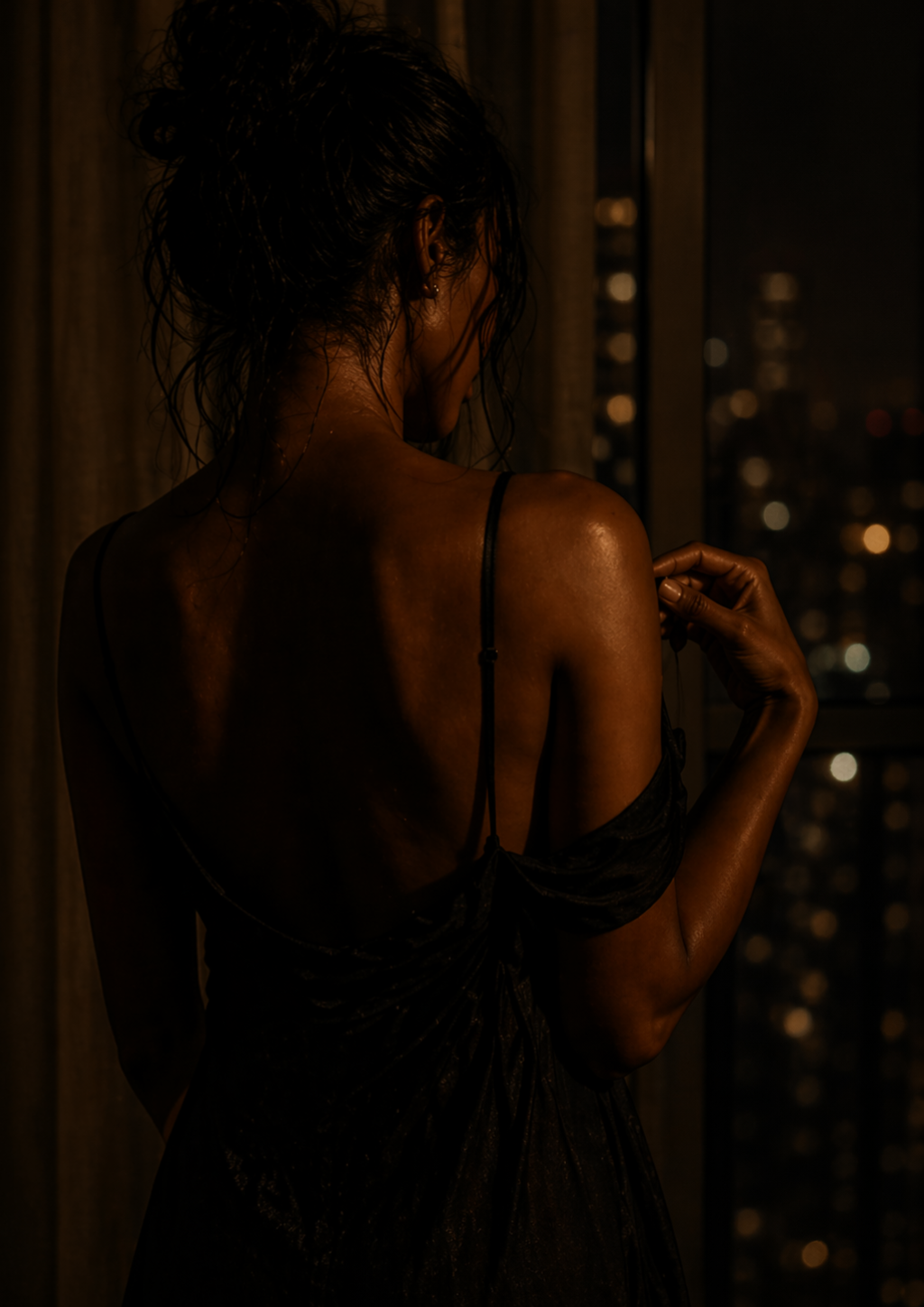 A silhouetted figure before a city window at night